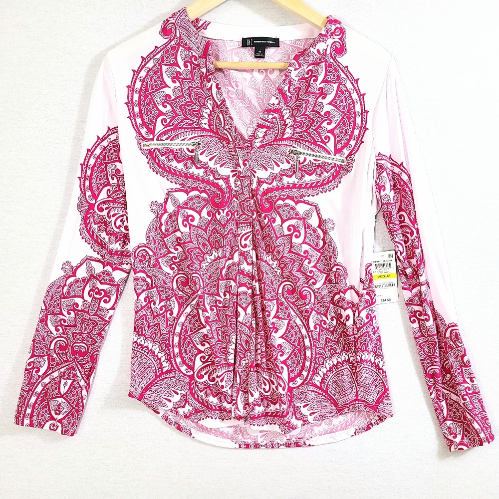 INC Paisley Zipper Detail V Neck Long Sleeve Top